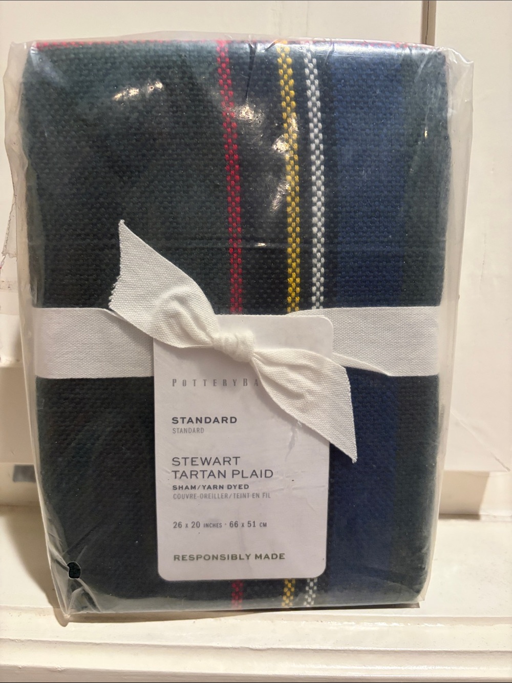 Pottery Barn Stewart Tartan Plaid Sham - Navy with Red, Yellow & White Stripes